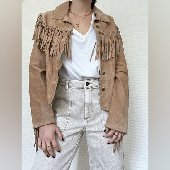 J MARCO Vintage Western Aztec Boho Tan Suede Fringe Leather Jacket (#1,551)(C) - Picture 1 of 5